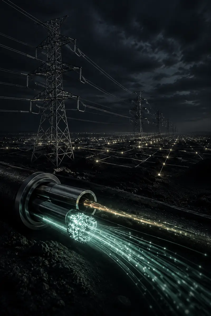 Power transmission towers above a connected grid, transitioning into illuminated fiber optics.