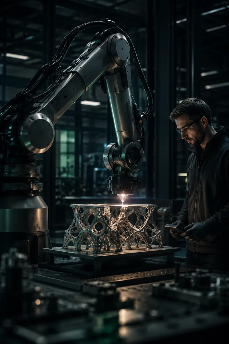 A precision robotic arm fabricating a complex lattice component beside an engineer.